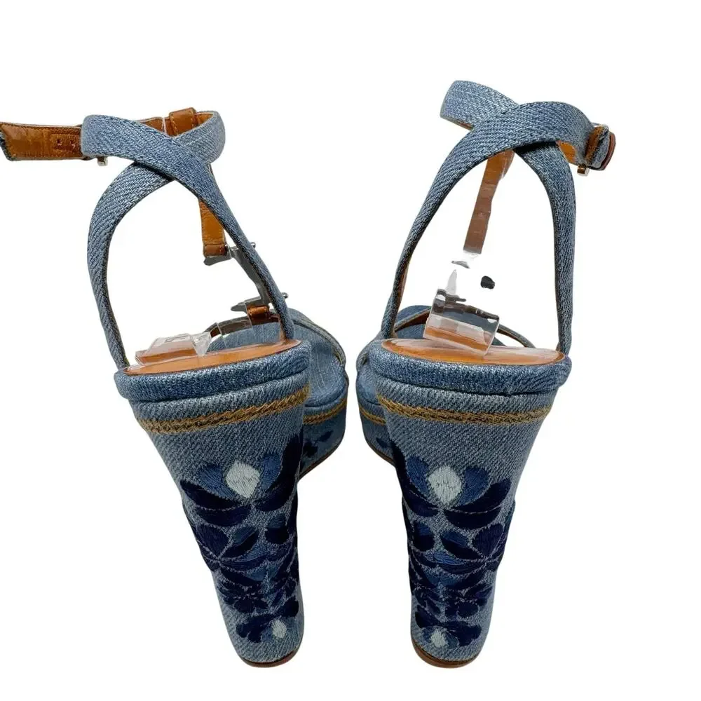 Christian Dior Galliano Denim Floral Embroidered CD Wedge Sandals Size 37